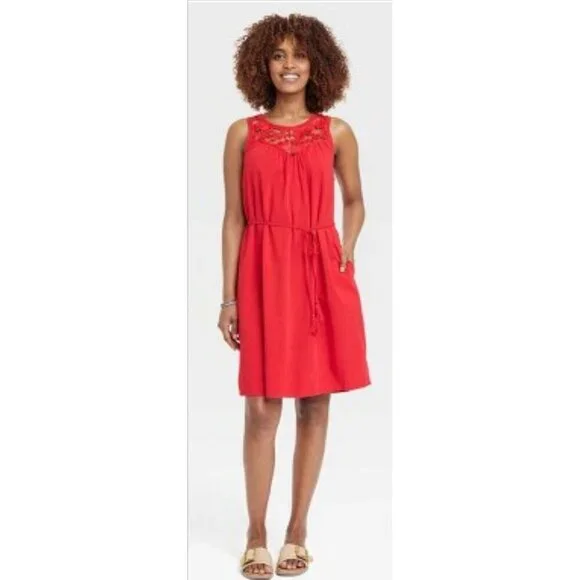 Knox Rose Sleeveless Cherry Red Crochet Belted Knee Length Dress W Pockets L NWT - Picture 2 of 9